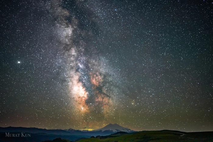 Night Elbrus and the Milky Way - My, Elbrus, Stars, Text