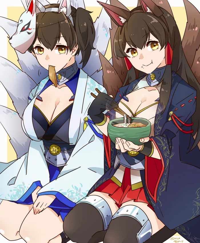 Kaga and Akagi - Anime, Anime art, Kantai collection, Crossover, Azur lane, Kaga, Akagi