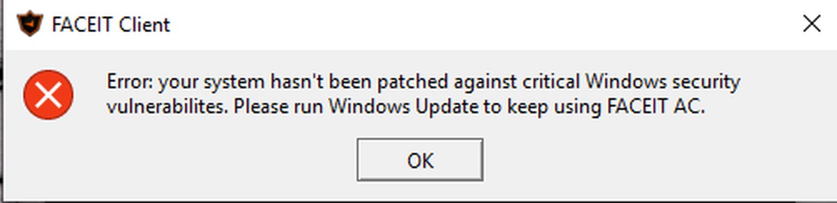 Faceit error please enable secure. Ошибка фейсит. FACEIT AC ошибка. Ошибка фейсит античит your System hasn't been Patched Windows. Ошибка фейсит с виндовс.
