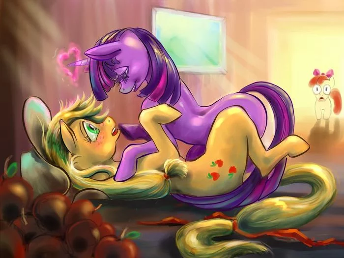 I didn't finish with you in the library... - NSFW, My little pony, Twilight sparkle, Applejack, Applebloom, Shipping, MLP Lesbian