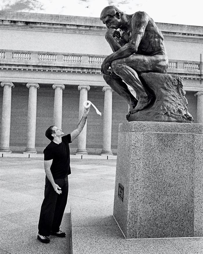 Hold it bro - Thinker, Sculpture, Toilet paper, Toilet humor, Black and white photo, Robin Williams