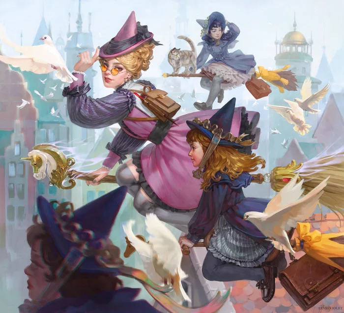 On the way to school - Art, Drawing, Teacher, Schoolgirls, On a broomstick, Witches, Magic, Levelviolet