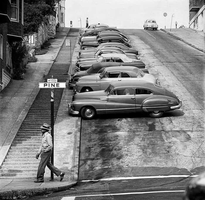 American auto industry in the fifties - USA, San Francisco, Retro car, Black and white photo, 50th