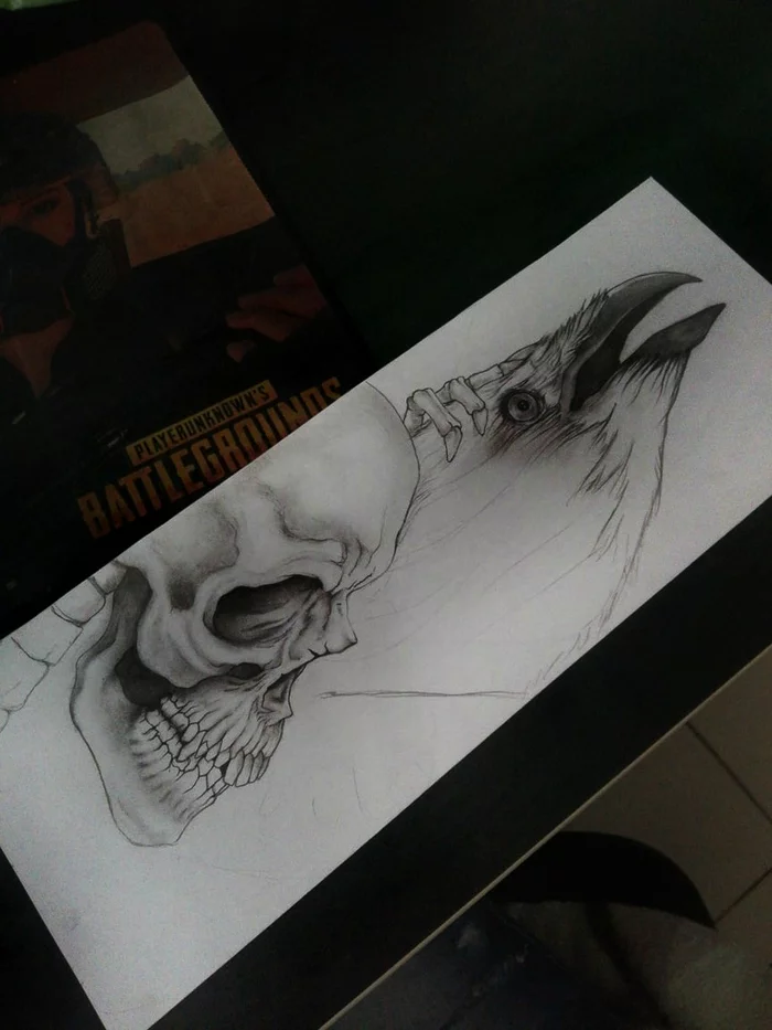 Art by Smetanina - My, Painting, Sketch, Tattoo sketch, Crow, Skeleton, Longpost