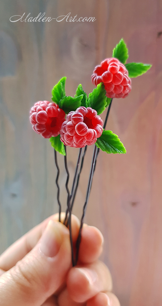 Decorations with raspberries, hairpins with berries - My, Decoration, Raspberries, Berries, Handmade, Creation, Hairpins, Polymer clay, Needlework without process