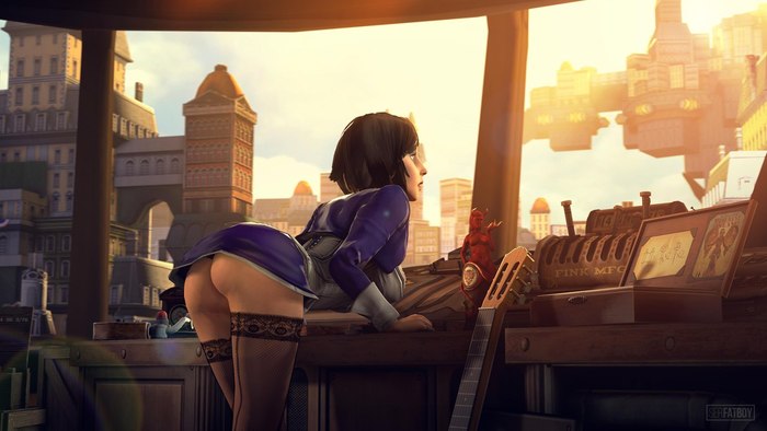 Elizabeth - NSFW, Booty, Hand-drawn erotica, Art, Bioshock Infinite, Elizabeth, Town, Stockings, Upskirt