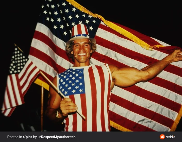 An Austrian immigrant celebrates his US citizenship. - Arnold Schwarzenegger, Reddit, USA, Migration, Flag