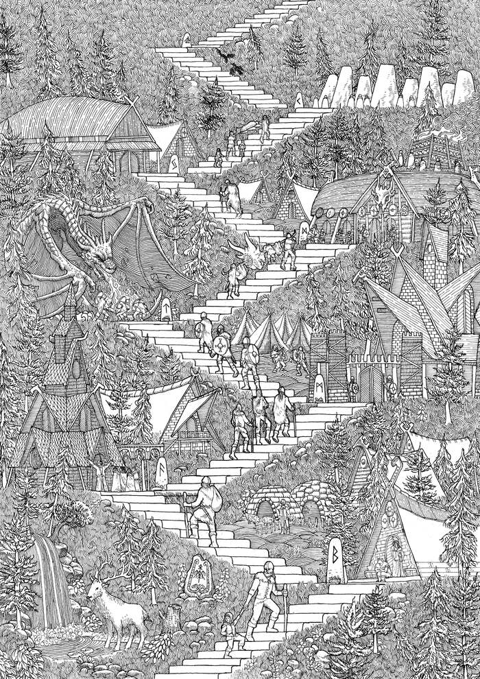 The coolest drawing The Path of the Legend (felt-tip pen, paper. 50 hours of work) - Drawing, Art, Scandinavia, Cool, Reddit, beauty, Scandinavian mythology, Detailing