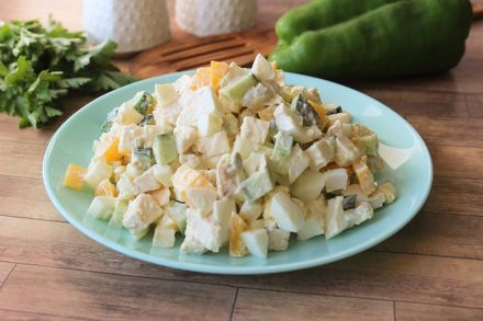 Salad with cheese, chicken and vegetables - My, Salad, Cheese, Recipe, Food, Cooking, Longpost