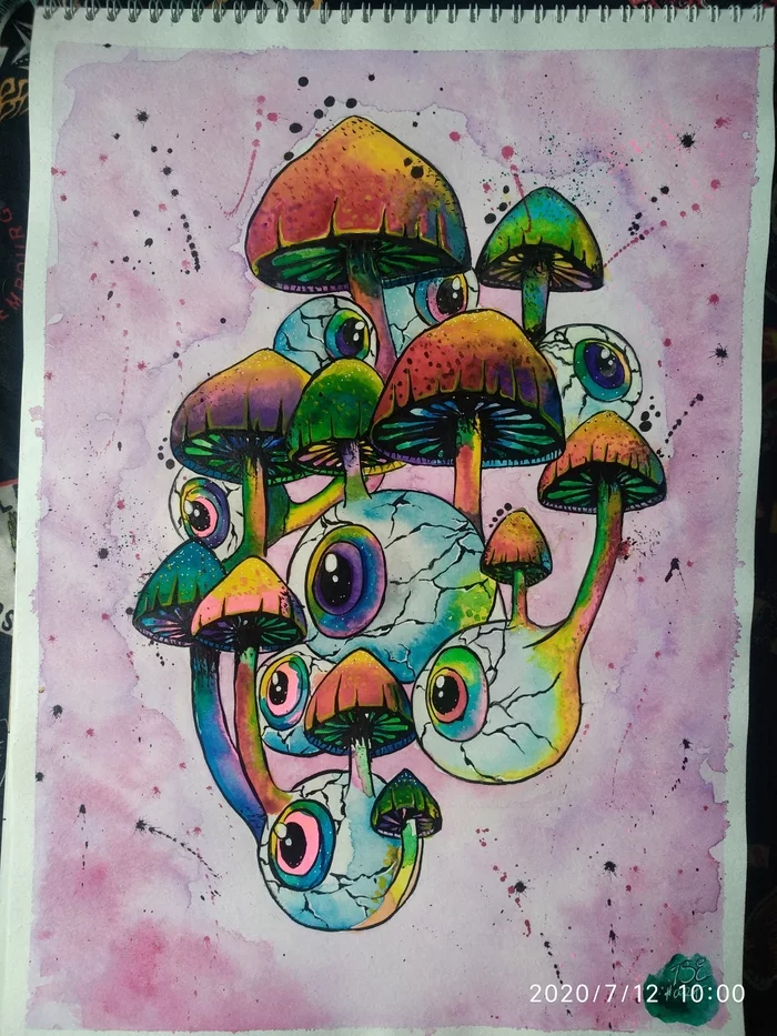 Eyes. Mushrooms. Psychedelic.Watercolor - My, Longpost, Anime art, Artist, Creation, Images, Handmade, Watercolor, Eyes