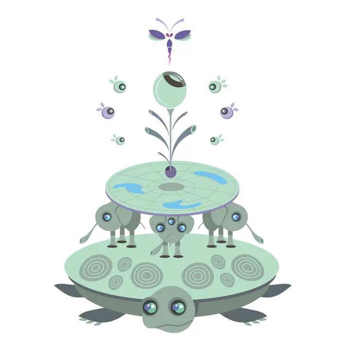 flat earth - My, Turtle, Three elephants, Insects, Plants, Flat land, Corel draw, Drawing, Fantasy