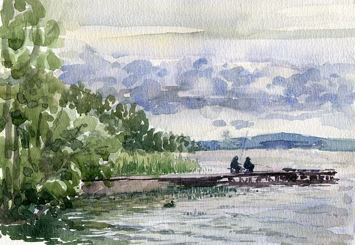 Evening fishing on Lake Sukhodolskoye - My, Plein air, Watercolor, Landscape, Fishermen, Evening, Sukhodolskoye, Lake