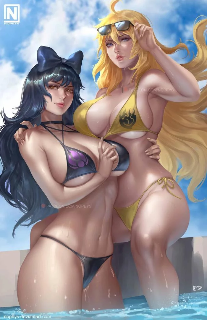 Blake and Yang - NSFW, Аниме, RWBY, Anime Art, Грудь, Купальник, Blake Belladonna, Yang Xiao Long, Nopeys