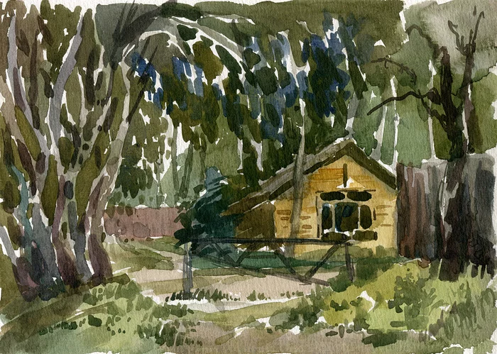 Gatehouse in Varshko-Sukhodolsky - My, Summer, Village, Landscape, Watercolor, Plein air, Painting