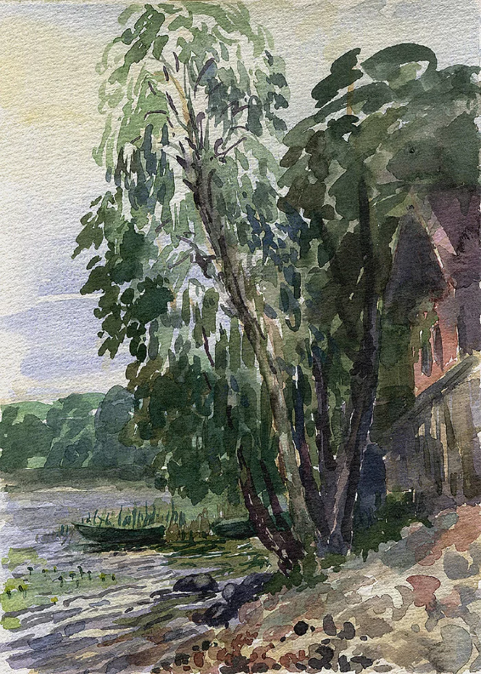 The bank of Sukhodolsky in the village of Varshko - My, Watercolor, Plein air, Summer, Shore, Painting, Village, Landscape