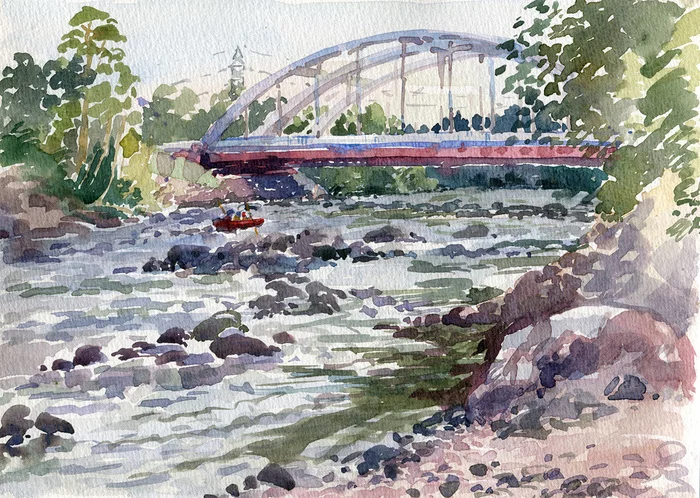 Losevsky rapids on Vuoksa - My, Watercolor, Landscape, Vuoksi, Plein air, Painting, Summer, River