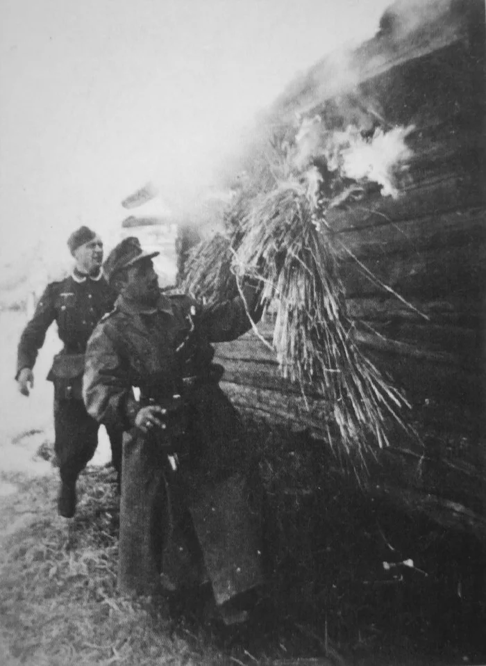 Germans set fire to a house in a Soviet village - The Second World War, The Great Patriotic War, An occupation, The photo, Germans