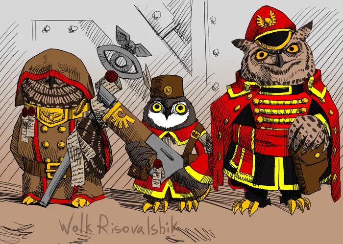 Yeah, for the Emperor - My, Warhammer 40k, Vostroyan Firstborn, Owl, Wolk Risovalshik, Wh humor