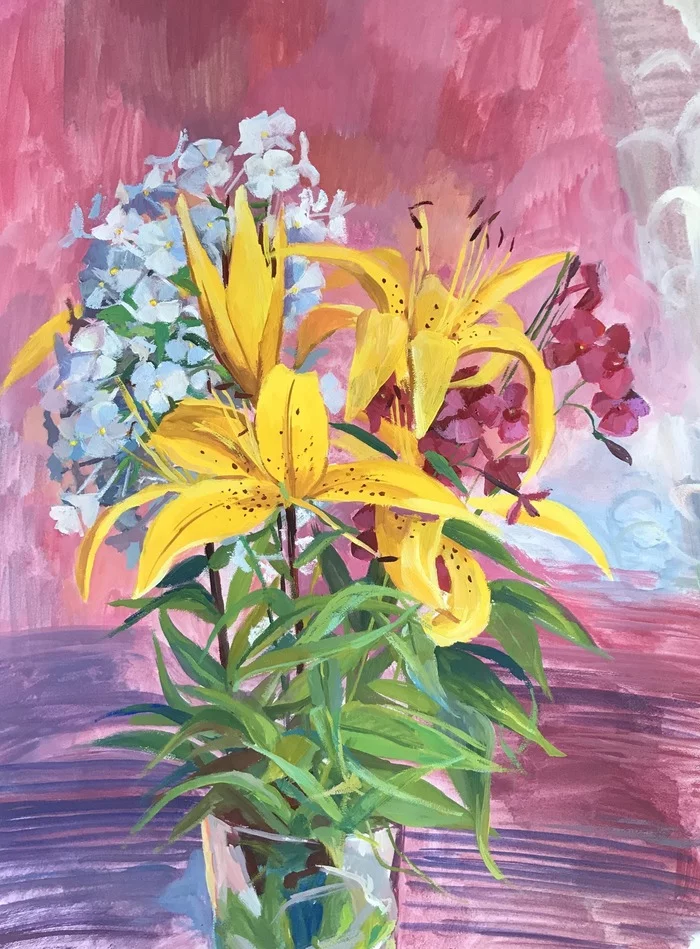 Phlox and lilies - My, Flowers, Tempera, Phlox, Lily, Luboff00, Drawing, Painting