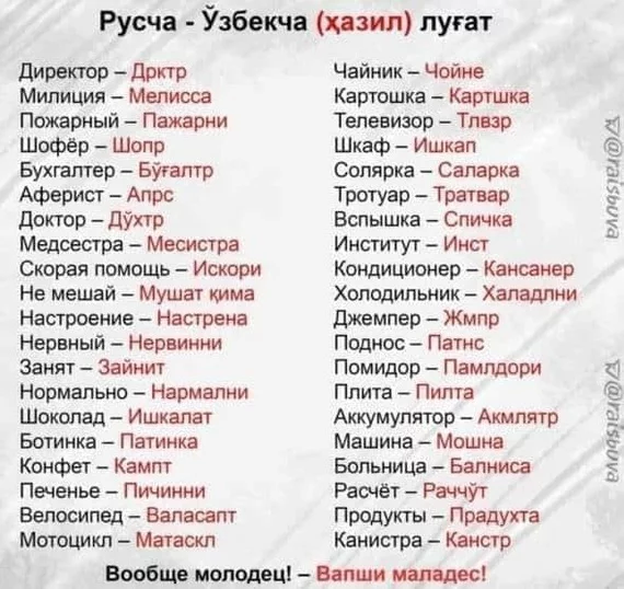 Русско-узбекский словарь - Моё, Словарь, Узбекский язык, Русский язык, Юмор