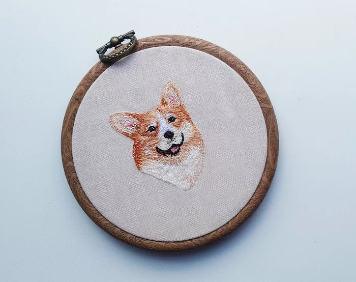 Caramel shortbread ^^ - My, Corgi, Satin stitch embroidery, Embroidery, Needlework without process, Dog
