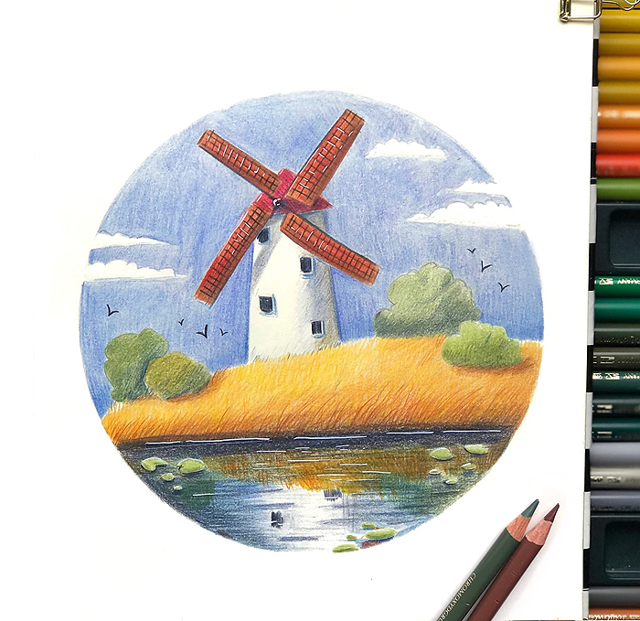 Pencil houses - My, Pencil drawing, Colour pencils, House, Illustrations, Mill, Cow, Video, Longpost