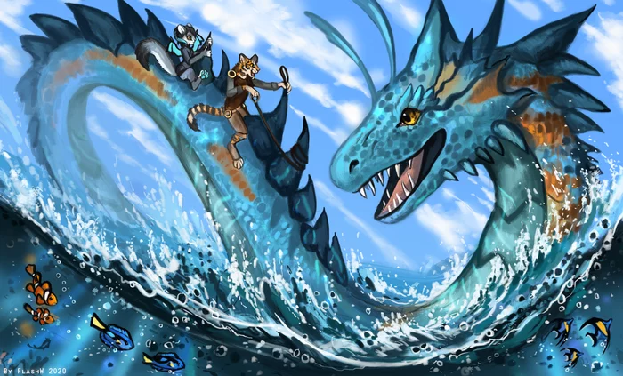 Swimming with the Dragon - Furry, Art, The Dragon, Fantasy, Water, Flashw