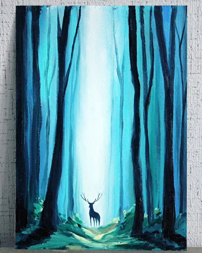 Forest deer - My, Painting, Oil painting, Forest, Deer, Landscape, Drawing lessons, Children, Longpost