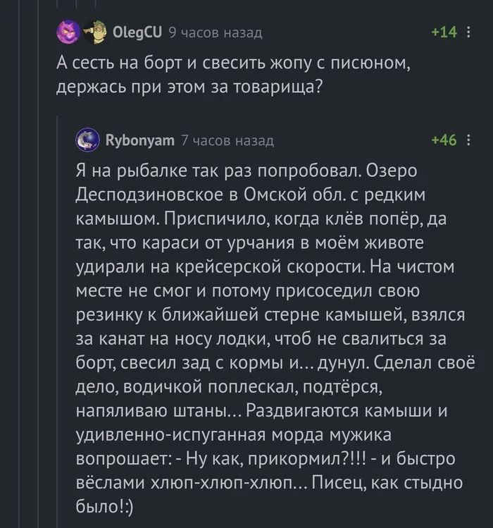 Неожиданная развязка - Река, Юмор, Комментарии на Пикабу, Курьез, Рыбалка, Туалетный юмор, Скриншот