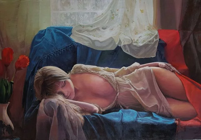 Dream - NSFW, My, Painting, Oil paints, Oil painting, Painting, Girls, Dream, Erotic, Hand-drawn erotica