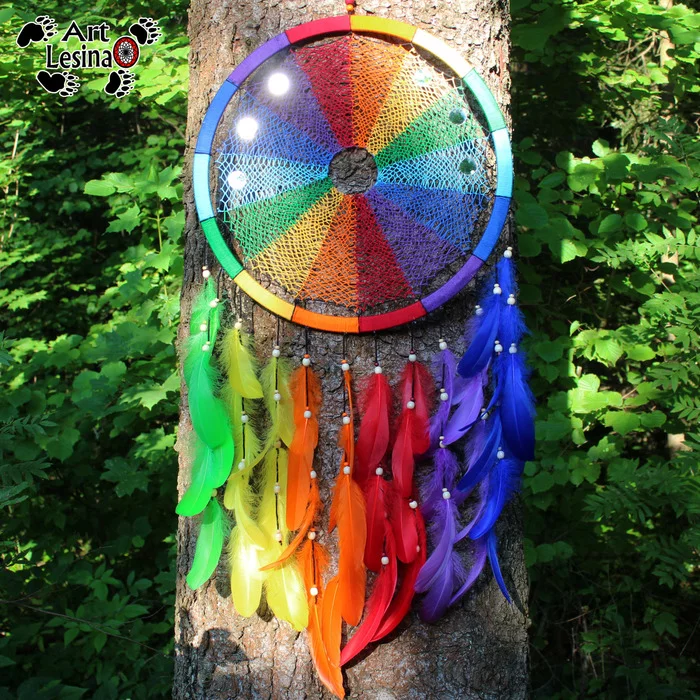 Another rainbow, but with 14 threads - My, Dreamcatcher, Needlework without process, Presents, Amulet, Indians, Rainbow, Longpost