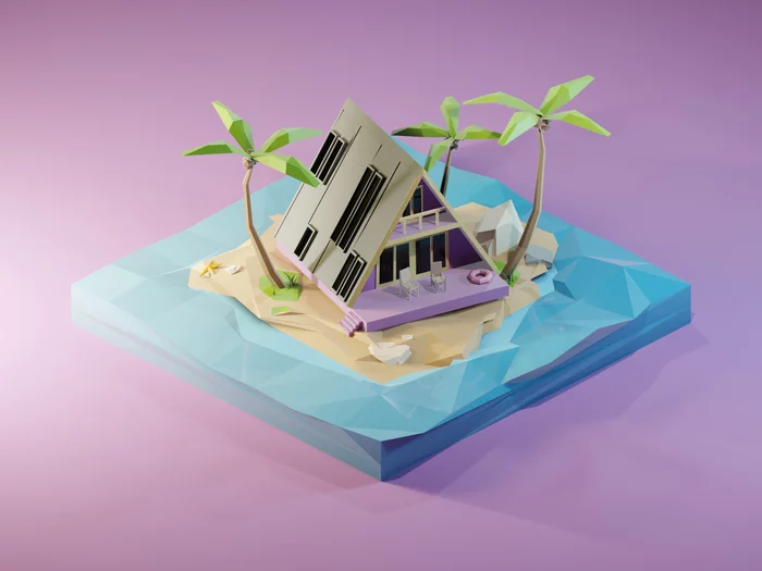 House on the island - My, Low poly, 3D, Art, Island, Computer graphics, Isometric, House