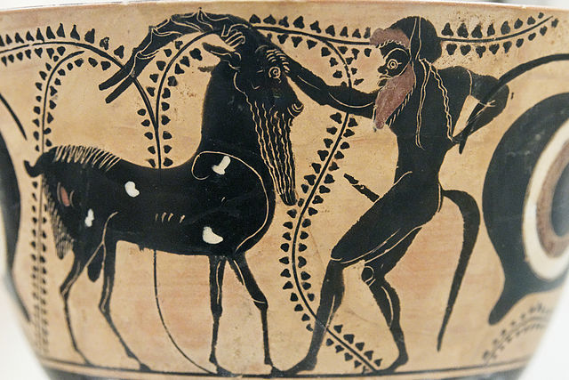 The main thing in life is to find such a person who will look at you like this goat looks at a satire. - Greece, Amphora, Suffering middle ages, Humor