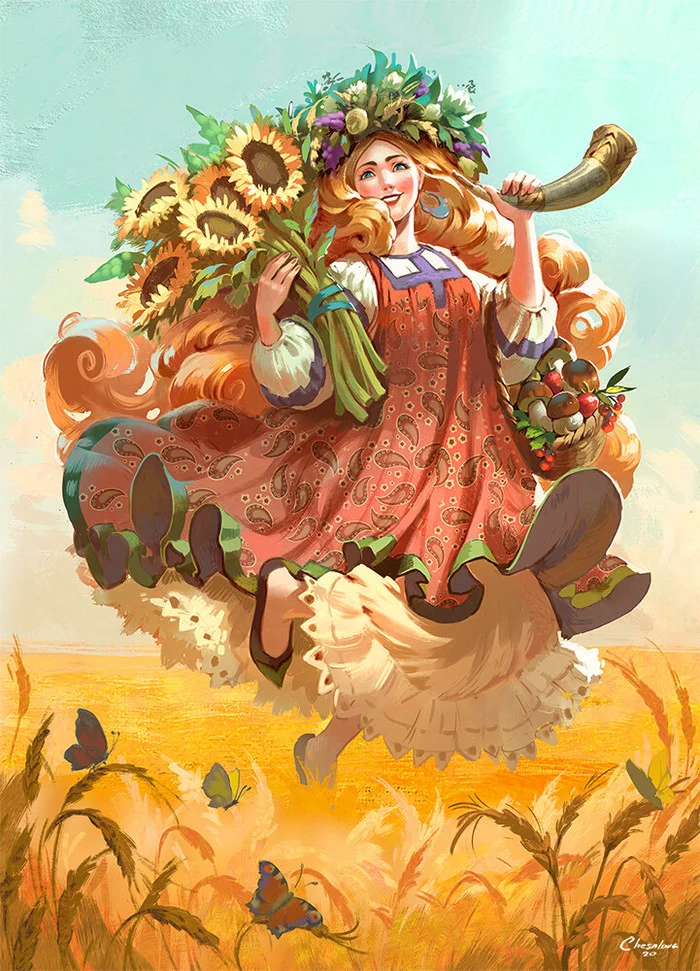 Field - Art, Drawing, Girls, Wreath, Field, Sunflower, Mushrooms, Philiera