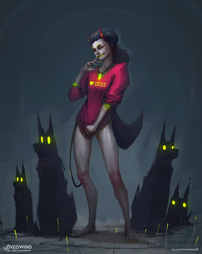 Lady with dogs - My, Veowind, Drawing, Digital drawing, Demon, Dog, Girls