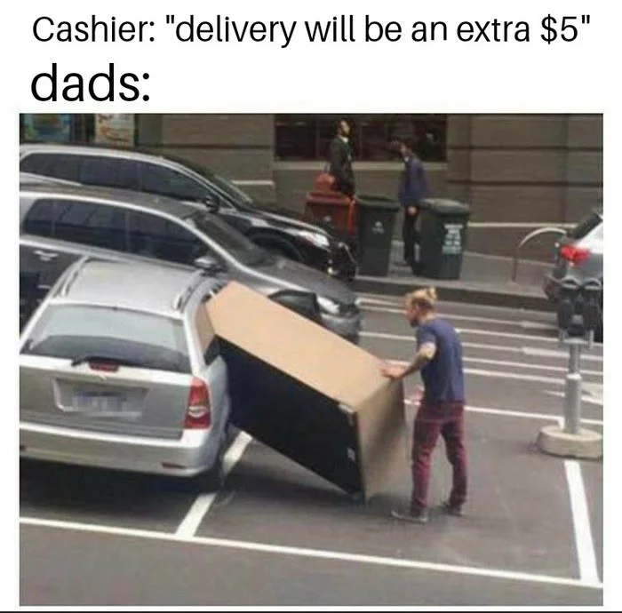 Cashier: delivery costs $5 on top. Dad:... - Cashier, Delivery, Surcharge, Oversized, Auto, Picture with text, Translated by myself, Didn't fit