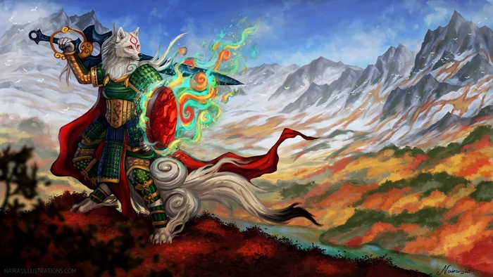 Okami Paladin - Furry, Art, Warrior, Landscape, Naira, Japan, Okami