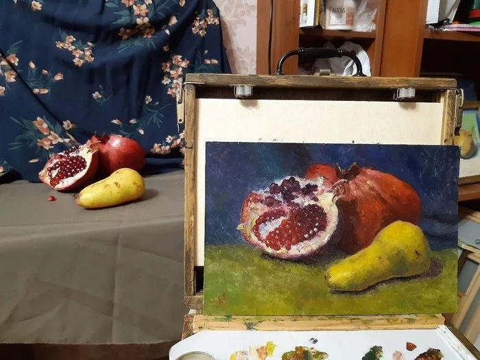 Pomegranate and pear, oil, 2020 - My, Painting, Oil painting, Still life