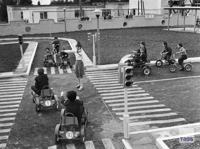 Children learning traffic rules, 1986. Kutaisi. Georgia - Kindergarten, Traffic rules, Education, Parenting, Georgia, Kutaisi, Black and white photo