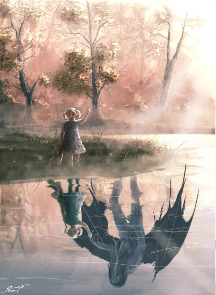 Friend - Art, Drawing, Girl, Friend, Creature, Reflection, Creatures