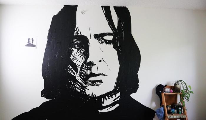 Severus Snape made out of black duct tape on the bedroom wall! - Severus Snape, Alan Rickman, Black, Scotch, Bedroom, Wall, Art, The photo