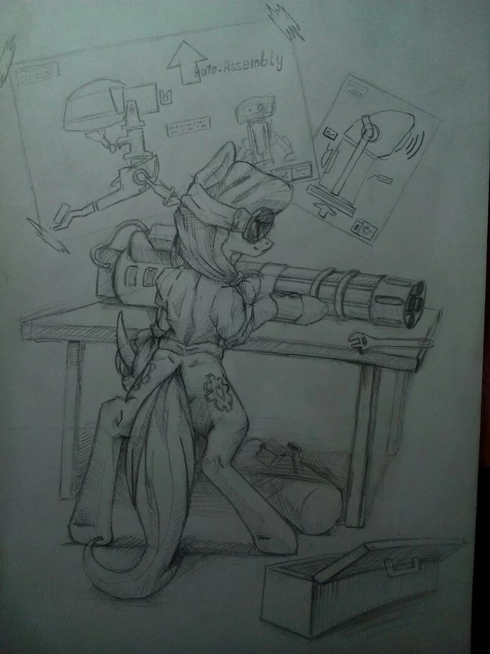 I'm heavy weapons guy... - My, My little pony, Original character, Heavy Weapon, Sketch, Engineer