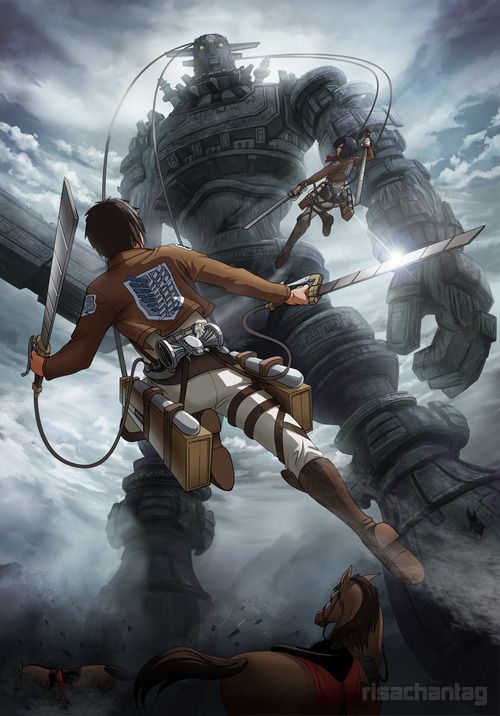 Attack on Collosus - Аниме, Anime Art, Кроссовер, Attack on titan, Shadow of the colossus, Eren Yeager, Mikasa Ackerman, Арт