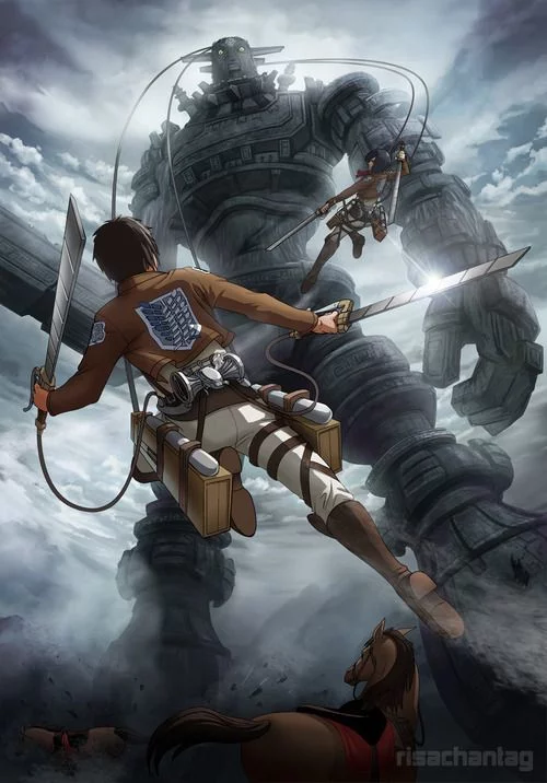 Attack on Collosus - Anime, Anime art, Crossover, Attack on titan, Shadow of the colossus, Eren Yeager, Mikasa Ackerman, Art