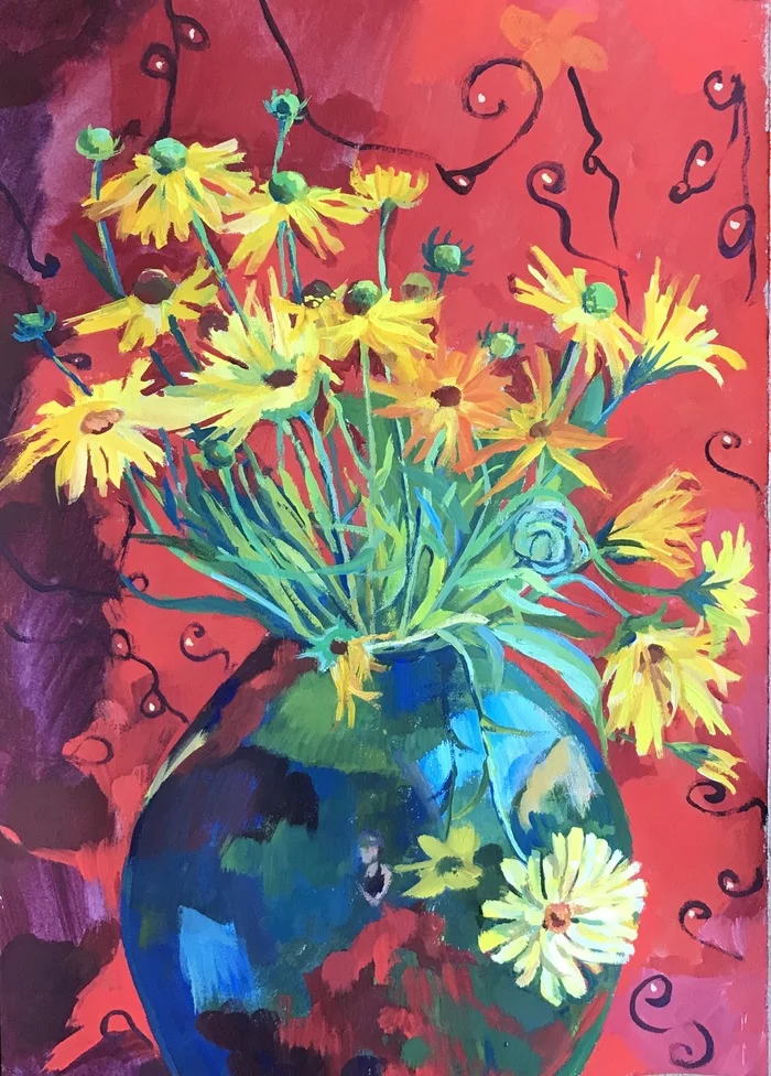 Bouquet of marigolds and daisies on a red background - My, Tempera, Cardboard, Bouquet, Luboff00, Flowers, Drawing