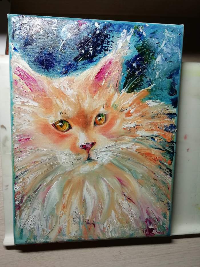 Continuation of the post “I drew my cat - My first post on Pikabu)” - My, cat, Drawing, Oil painting, Presents, Mat, Reply to post, Longpost