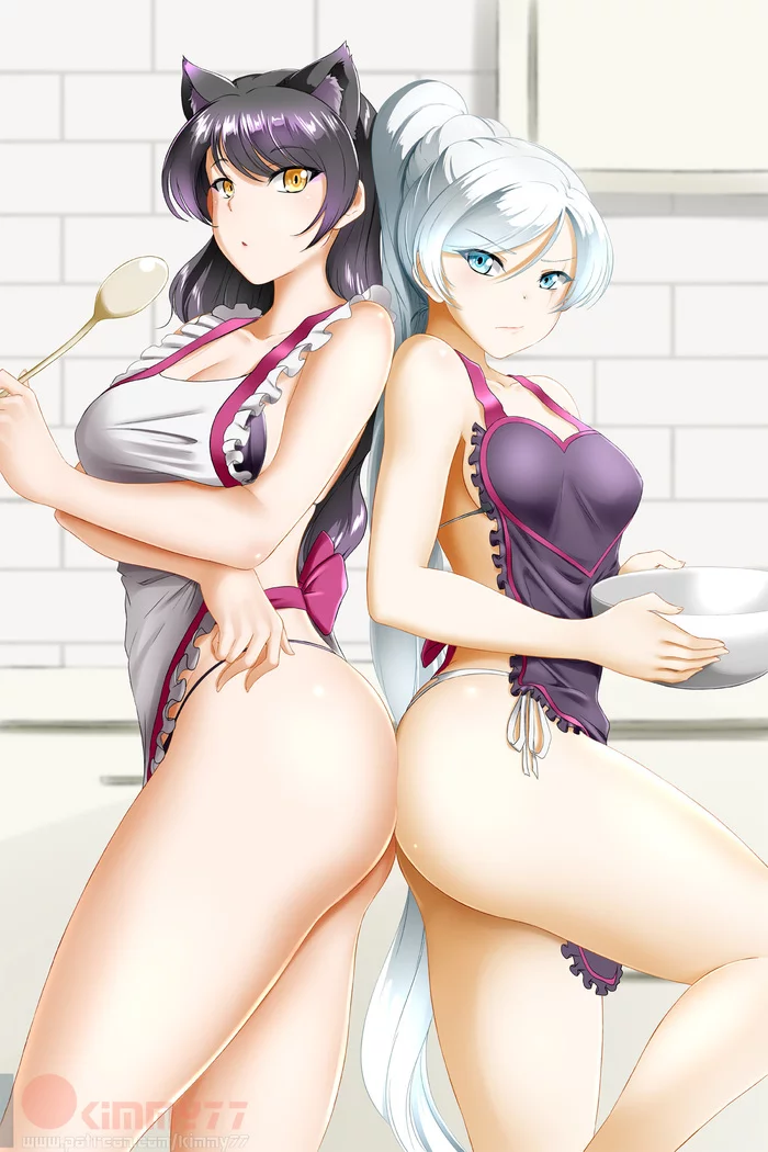 Blake and Weiss - NSFW, Anime, RWBY, Anime art, Blake belladonna, Booty, Weiss schnee, Animal ears, Apron