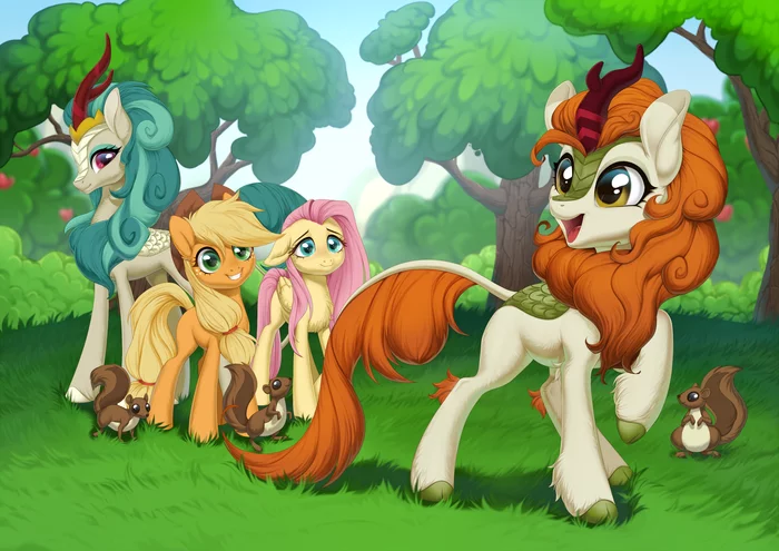 Kirins, ponies and squirrels - My little pony, PonyArt, Applejack, Fluttershy, Autumn blaze, Rain Shine, MLP Kirin