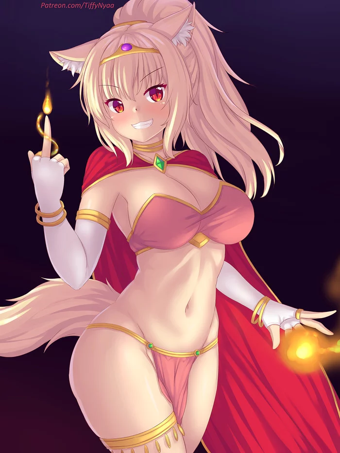 Fire Mage Tiffy ~~ - NSFW, Anime, Anime art, Original character, Fastrunner2024, Tiffy, Animal ears, Breast