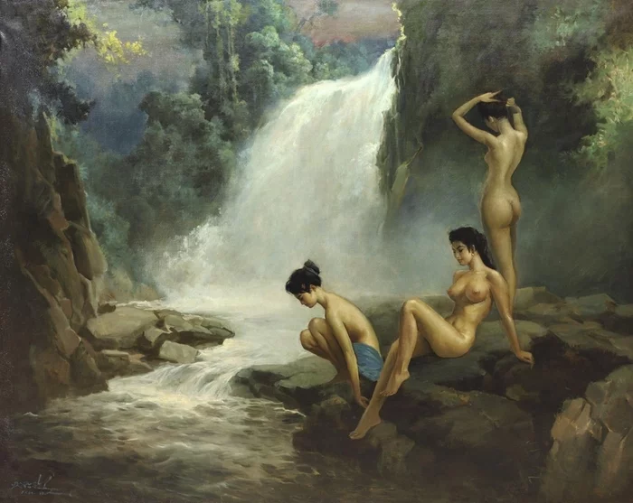 Girls at the waterfall - NSFW, Art, Erotic, Painting, Oil painting, Girls, Bathing, Bathing